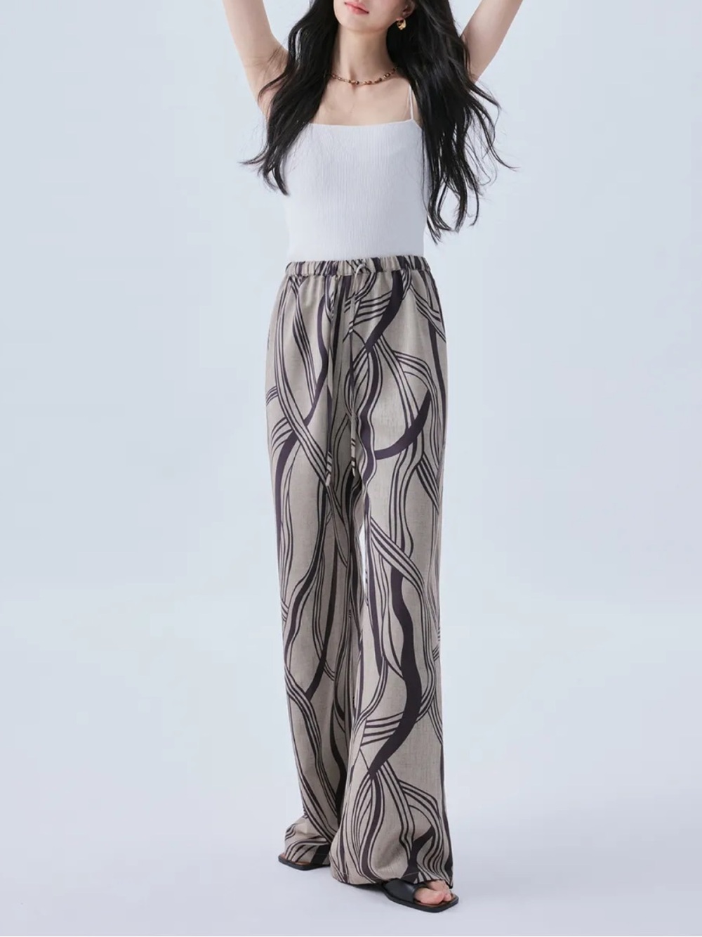 NINELAB.JH Abstract Print Wide Leg Drawstring Summer Pants S